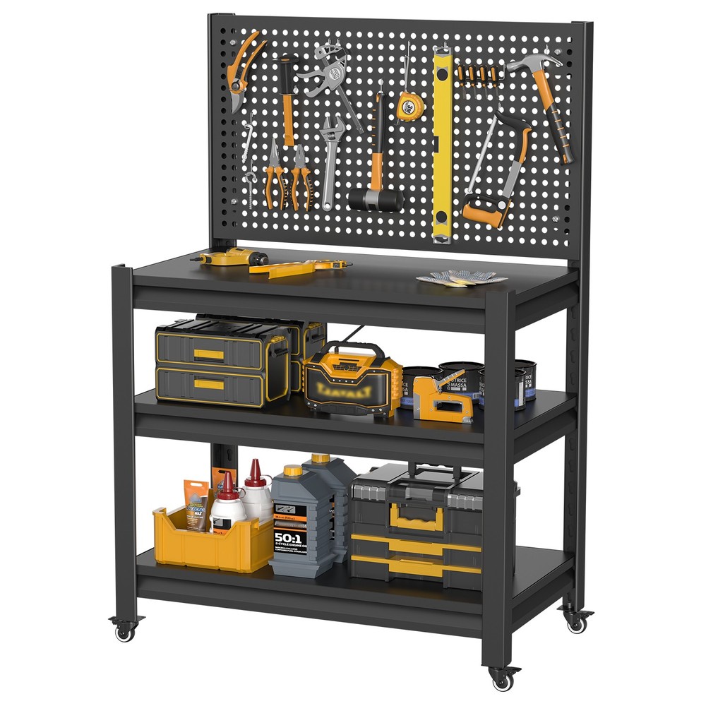 Work Bench with Pegboard,3000lbs Capacity Workbench with Wheels Shelves