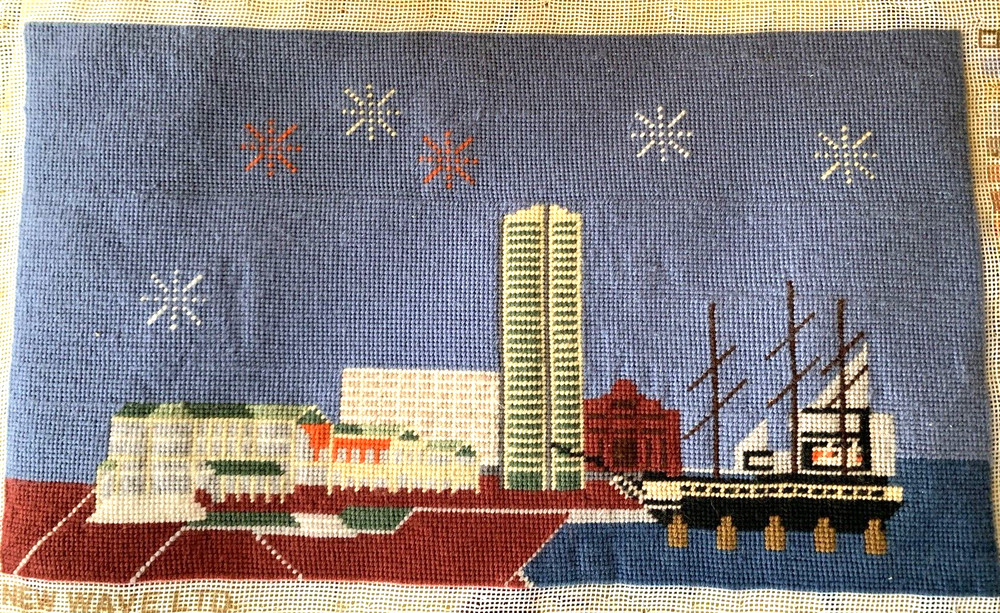 Baltimore Finished Needlepoint Inner Harbor Aquarium Ship Fireworks Cityscape