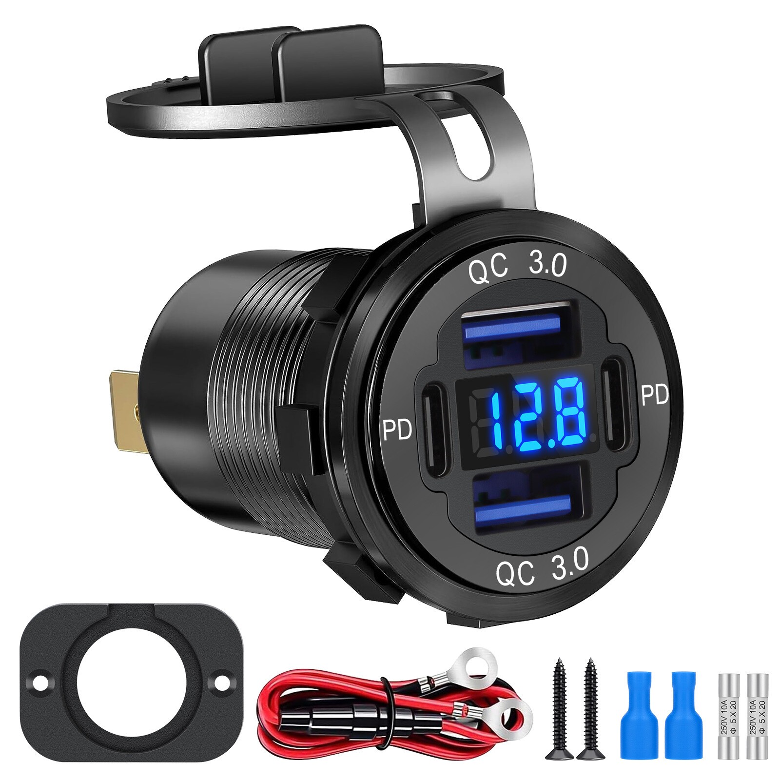12-24V 4 Port Fast Car Charger QC3.0 & PD USB C Outlet Socket for Boat RV Marine