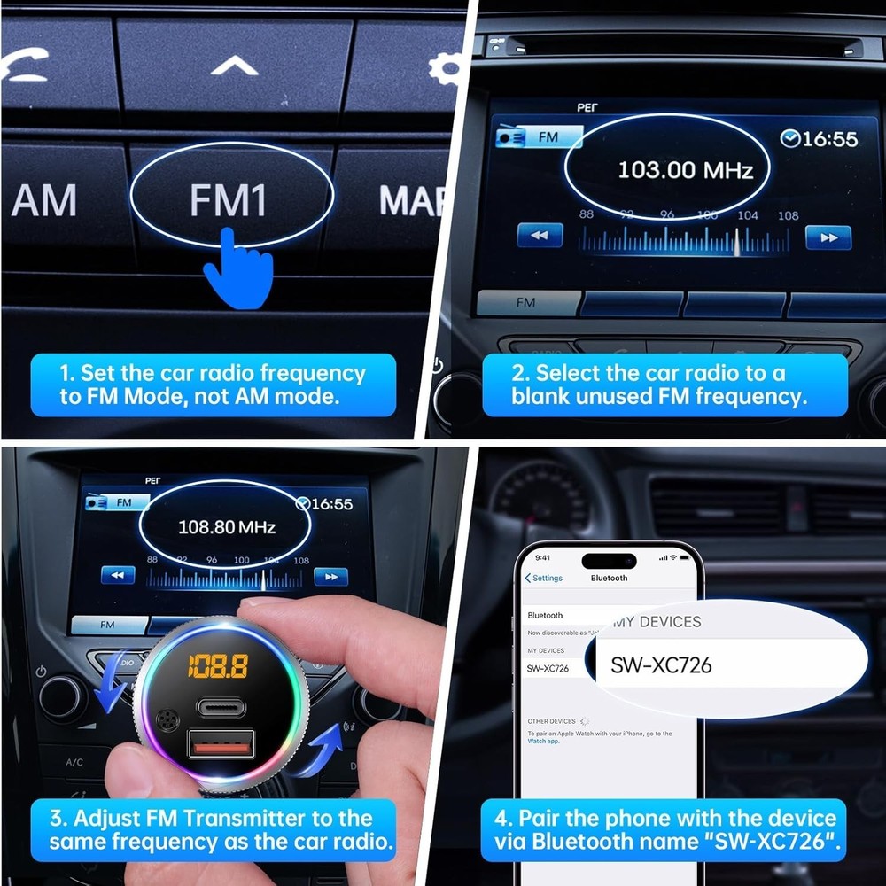 Bluetooth 5.4 FM Transmitter with Dual USB Charging