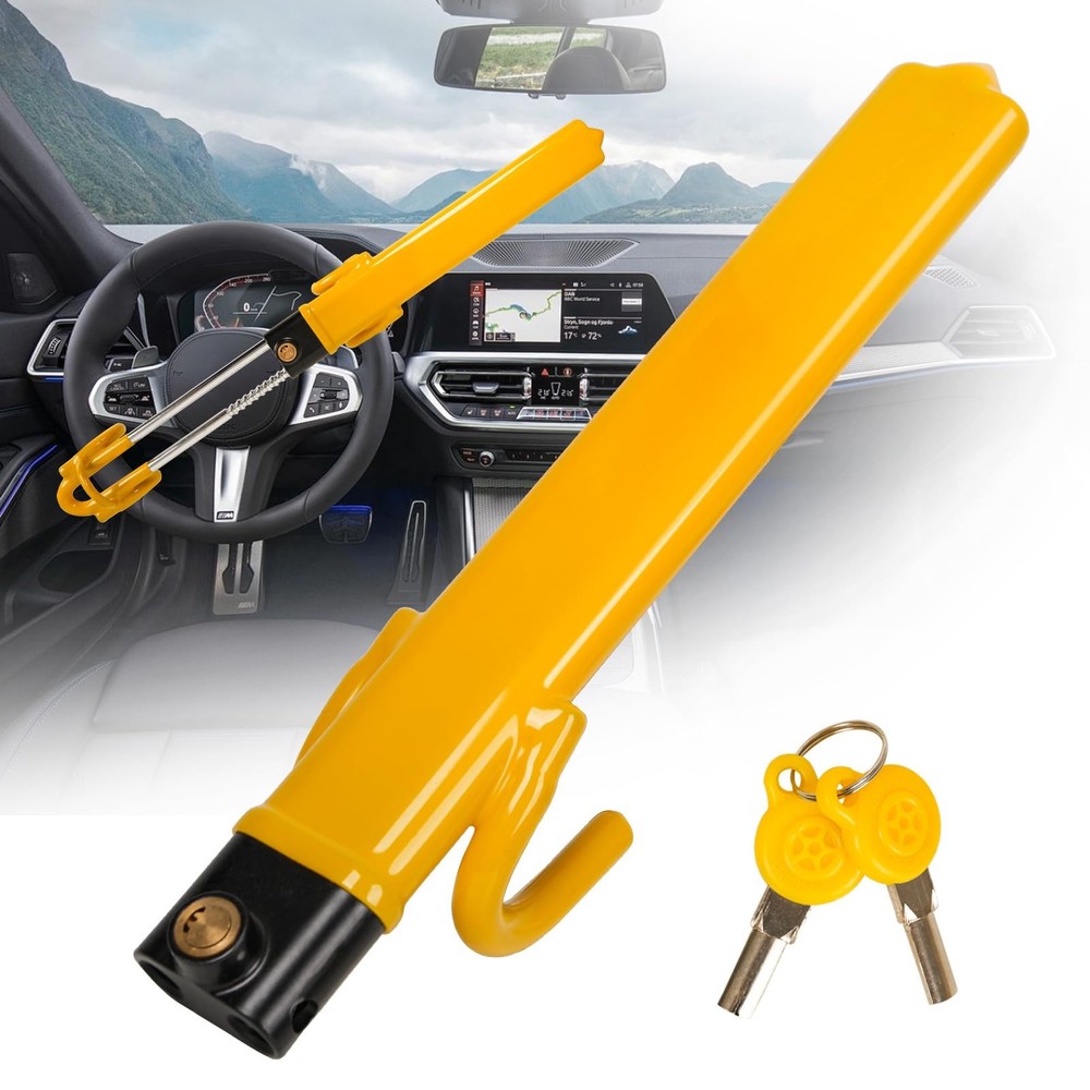 Steering Wheel Lock Anti-Theft Device Adjustable Length Clamp Double Yellow