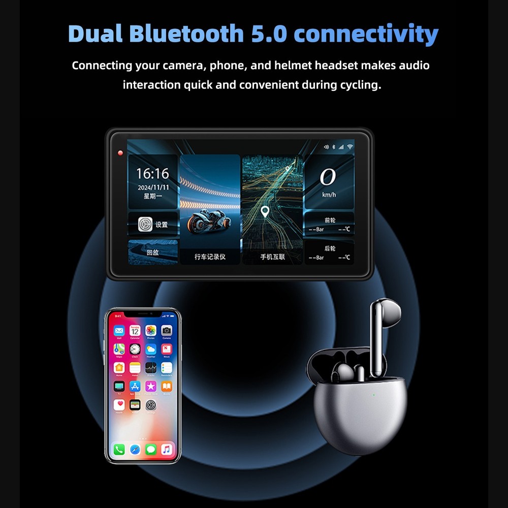 Motorcycle GPS Support Recording Dashcam 5" HD Screen Wireless Screen Mirroring