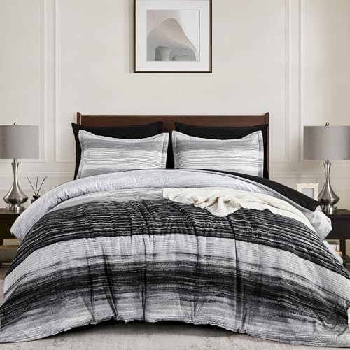 Comforter Set 7 Pieces, Striped Comforter Bedding Set for All Queen Black