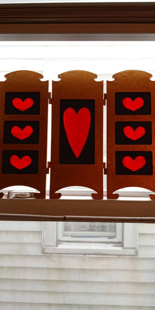 Red Hearts Stained Glass window panel - tri-fold windowsill panel freestanding 