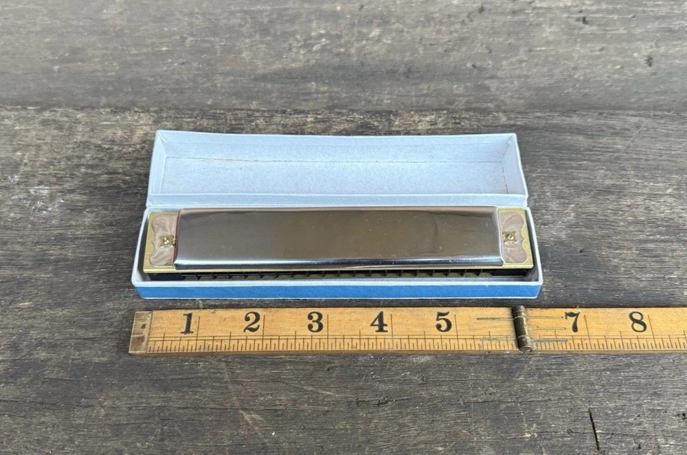 Vintage Boxed 6” Chrome Harmonica With Original Box Musical Instrument
