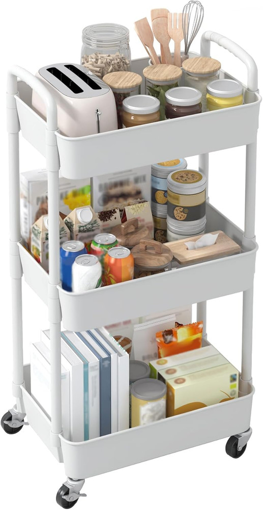 3-Tier Plastic Rolling Utility Cart with Handle, Multi-Functional Storage Trolle
