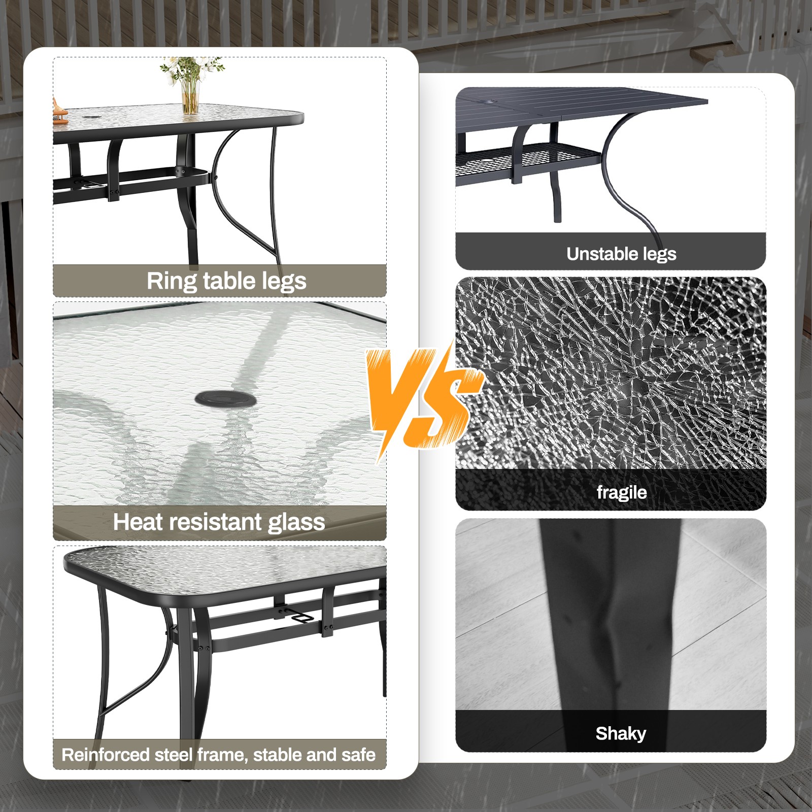 Patio Dining Table Garden Rectangular Tempered Glass Table for Patio & Backyard