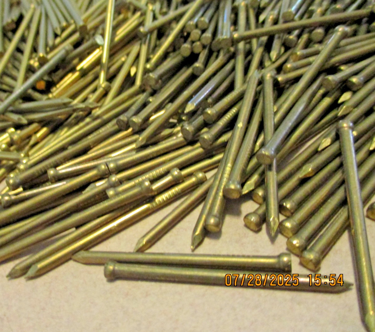 50 - ORIG. VINTAGE, 1 1/2" LONG X #14 - SOLID BRASS FINISH NAILS MADE IN U.S.A.