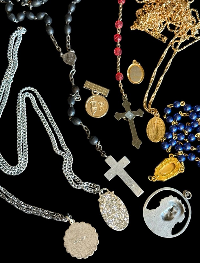 Great Vintage Lot Catholic Rosaries/Charms/Pins/Necklaces Etc. Lot Of 29 Pieces