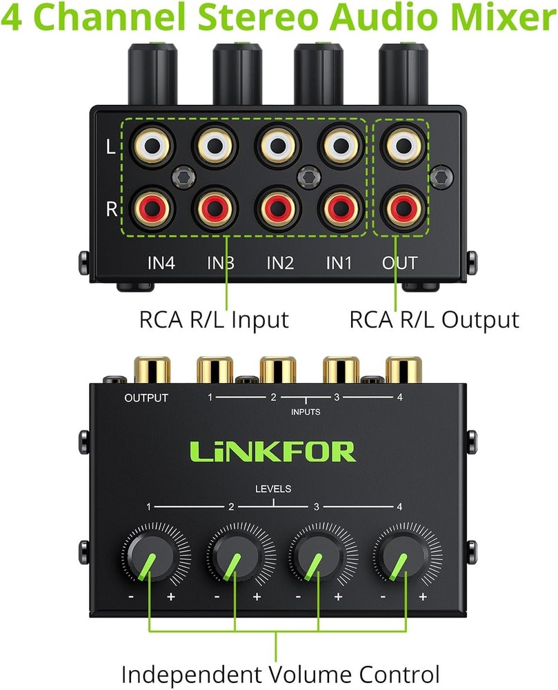 4 Channel Stereo Audio Mixer Mini Passive RCA Input Output with Volume Control