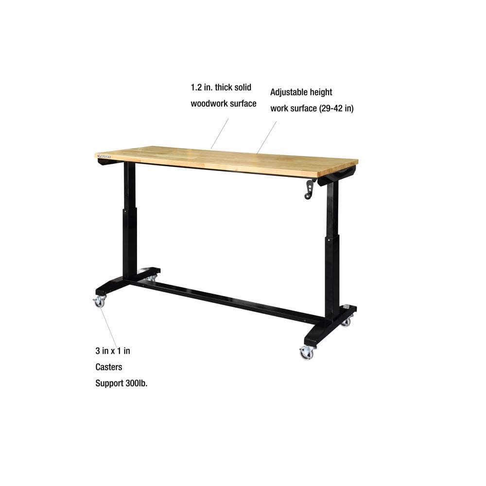 Workbench Table 62 in. W x 24 in. D Adjustable Height Solid Wood Top Black