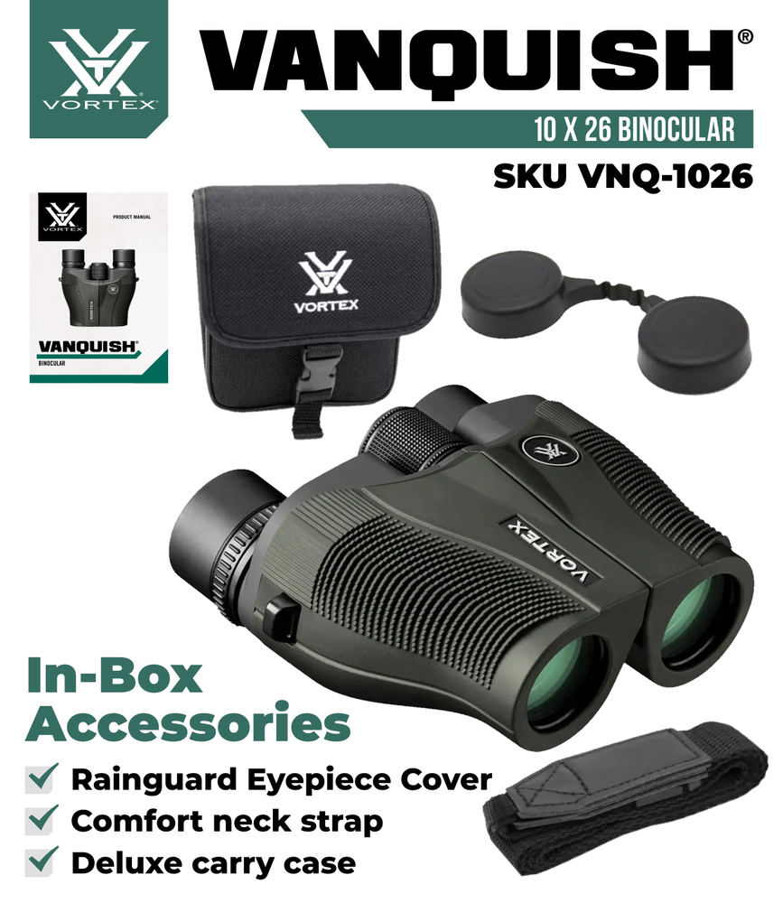 Vortex Optics Vanquish 10x26 Reverse Porro Prism Binocular with CD Hat Bundle