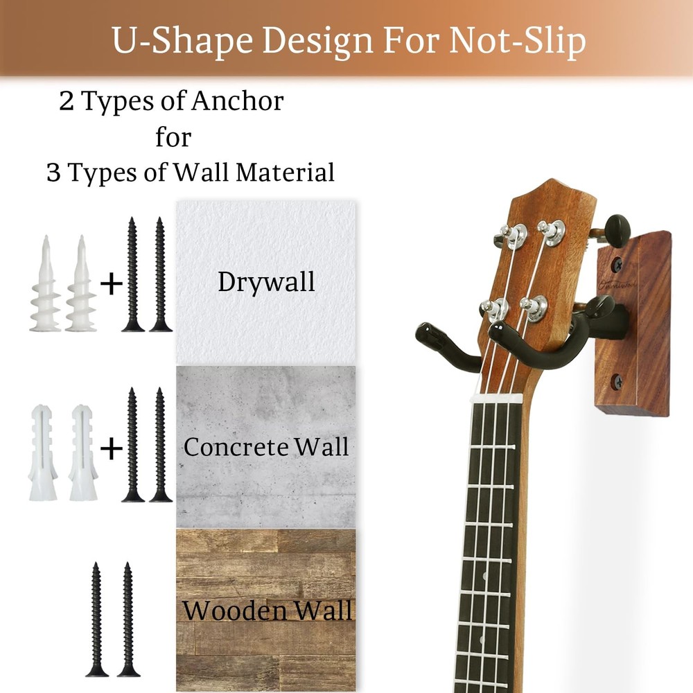 Ukulele Wall Mount Hanger, Black Walnut Wood Walnut,