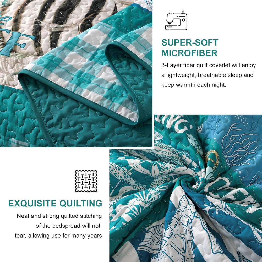 Coastal King Size Quilt Set 3PC Reversible Lightweight Ocean Patchwork Bedspread