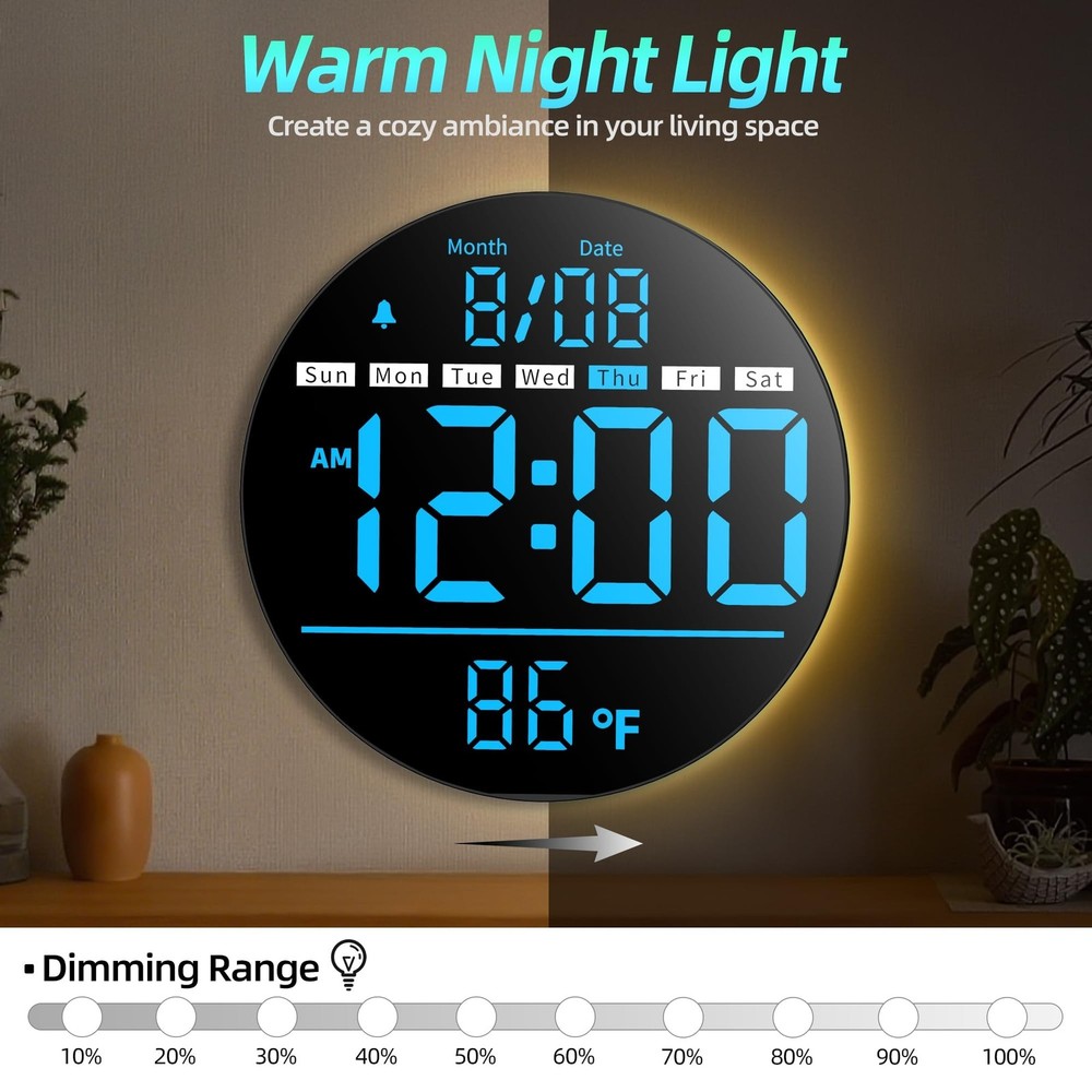 8in Round Digital Wall Clock, Large LED Display, Auto DST, Temperature, Alarm...
