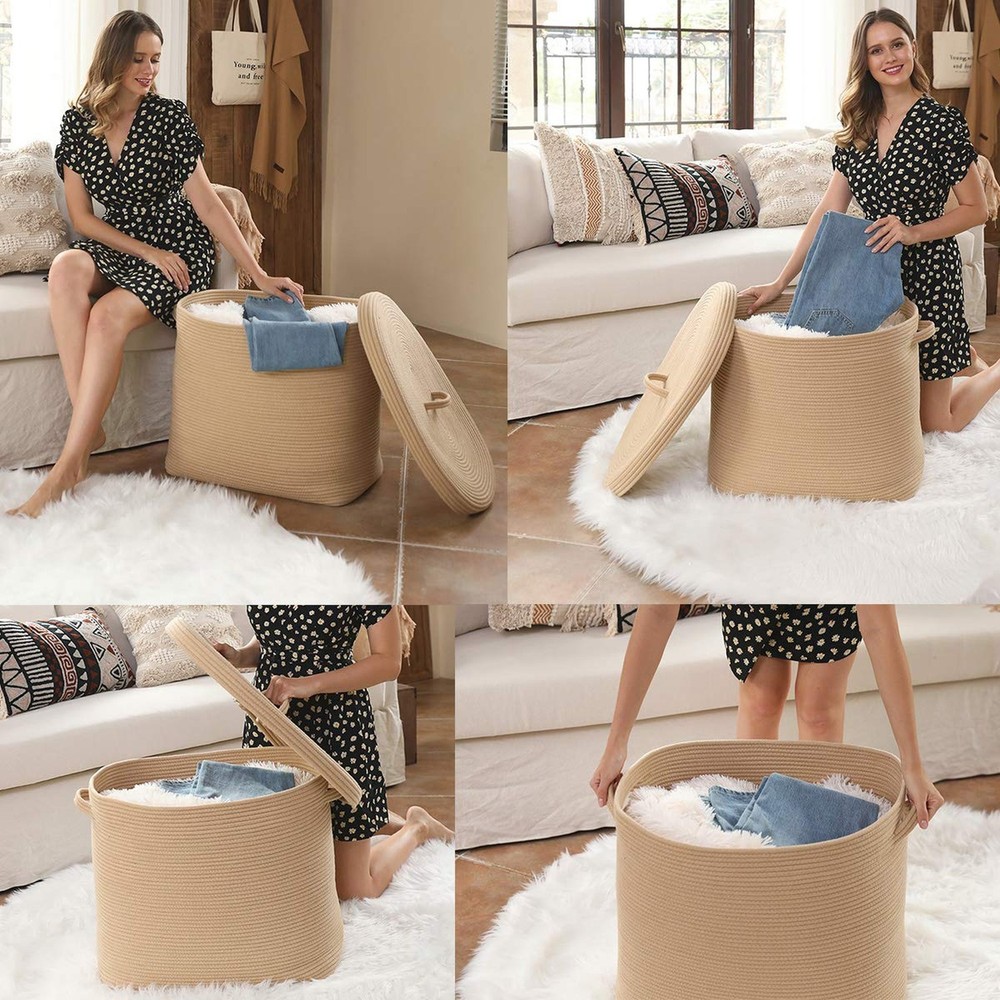 22"x14"x18" Rectangular Extra Large Storage Basket With Lid, Large Cotton Rop...