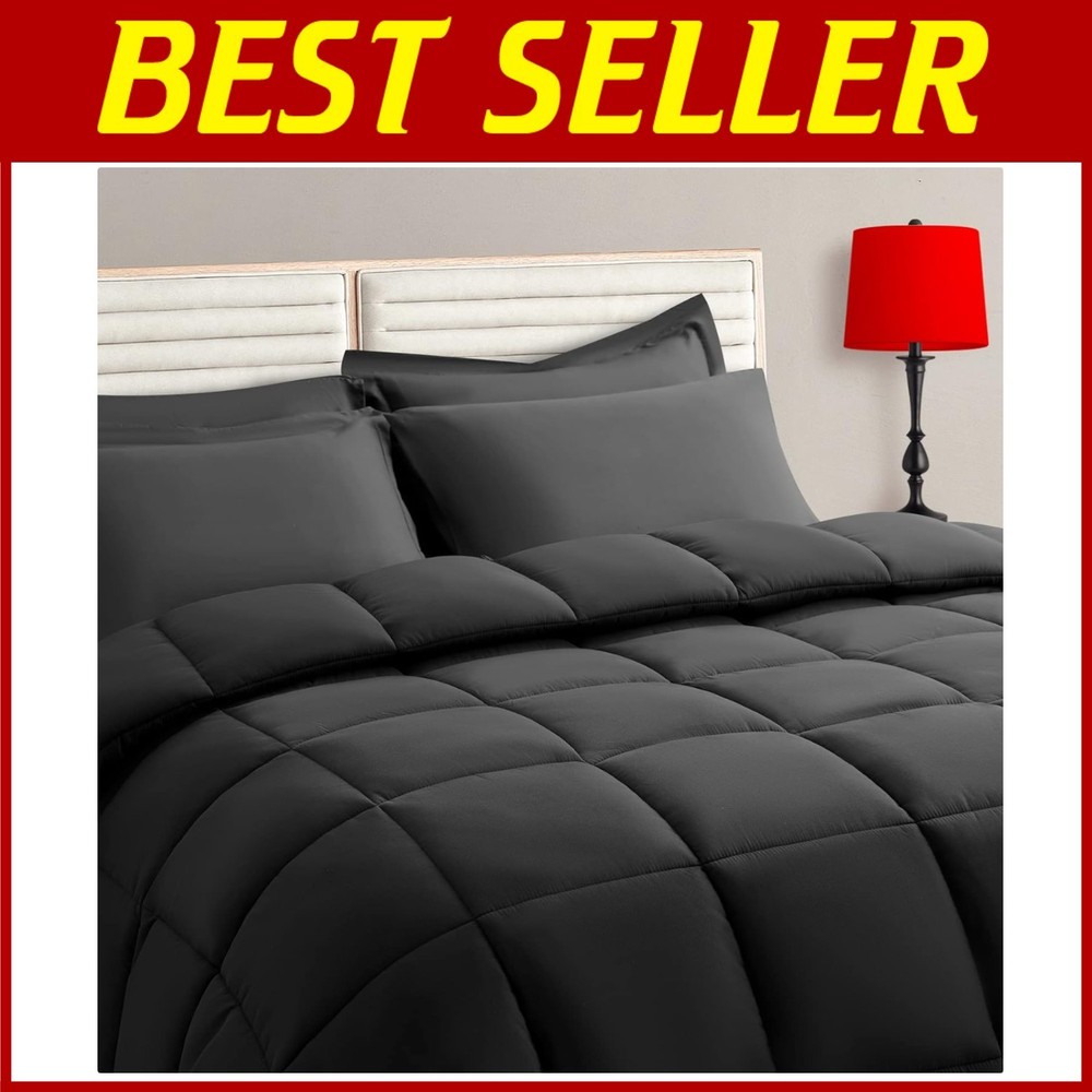 Luxurious 7-Piece Full Size Comforter Set, Dark Grey Bedding