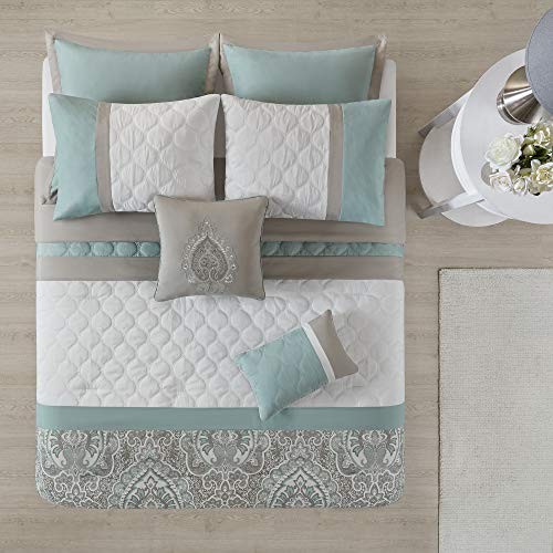 Cozy Comforter Set - Transitional Damask Queen(90"x90") Shawnee-seafoam