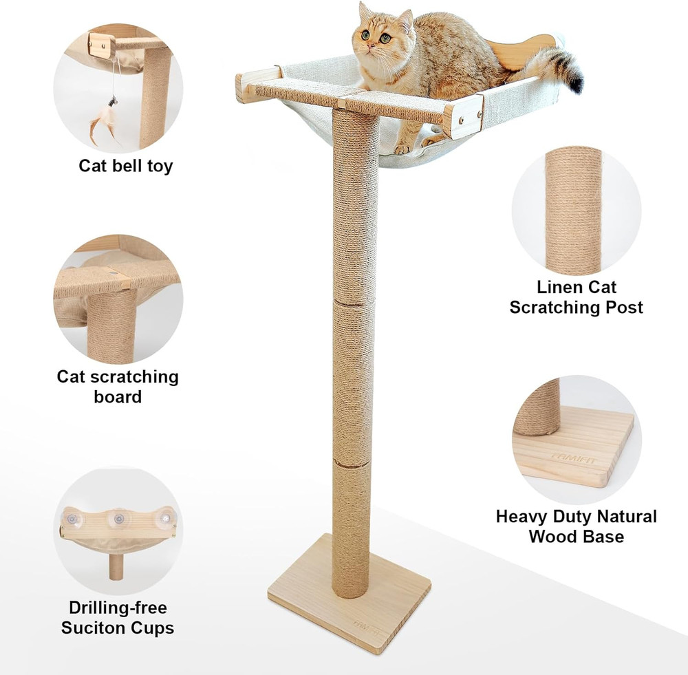 Cat Window Perch with Scratching Post, 46" Adjustable Tall Scratching Posts & Su