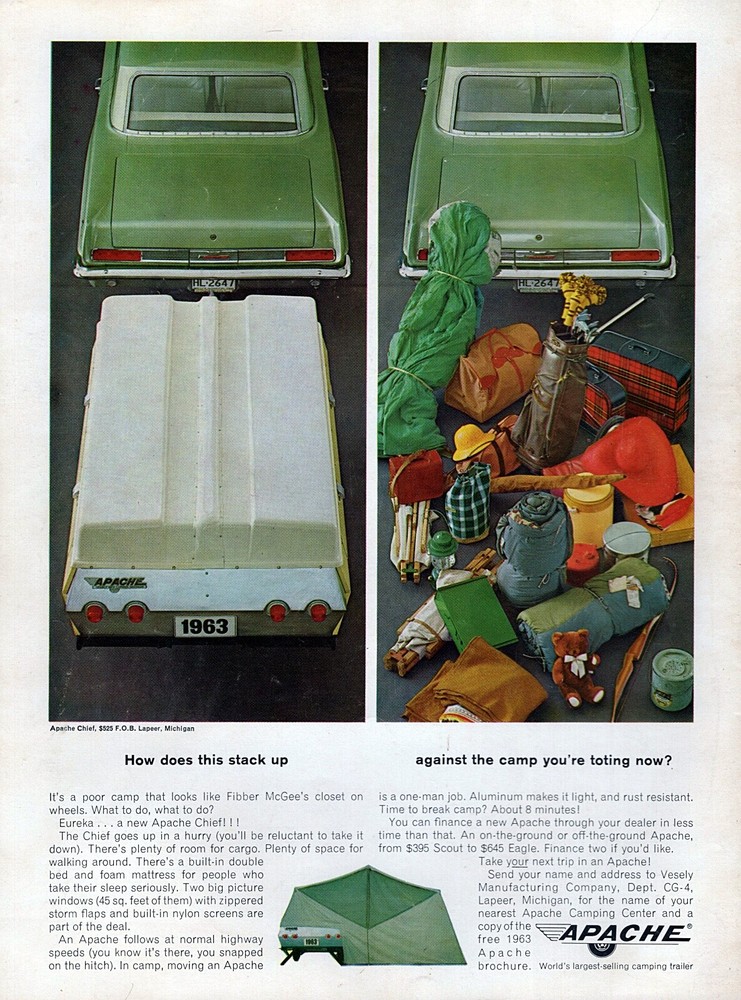 1963 Apache Chief Camp Trailer Camping Original Color Print Ad