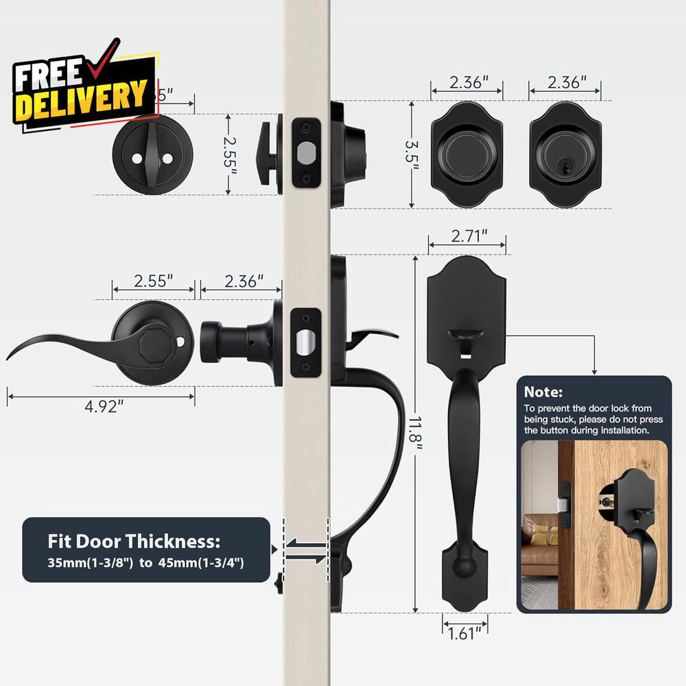 Double Front Door Handleset with Deadbolt – Matte Black Classic Entry Handle...