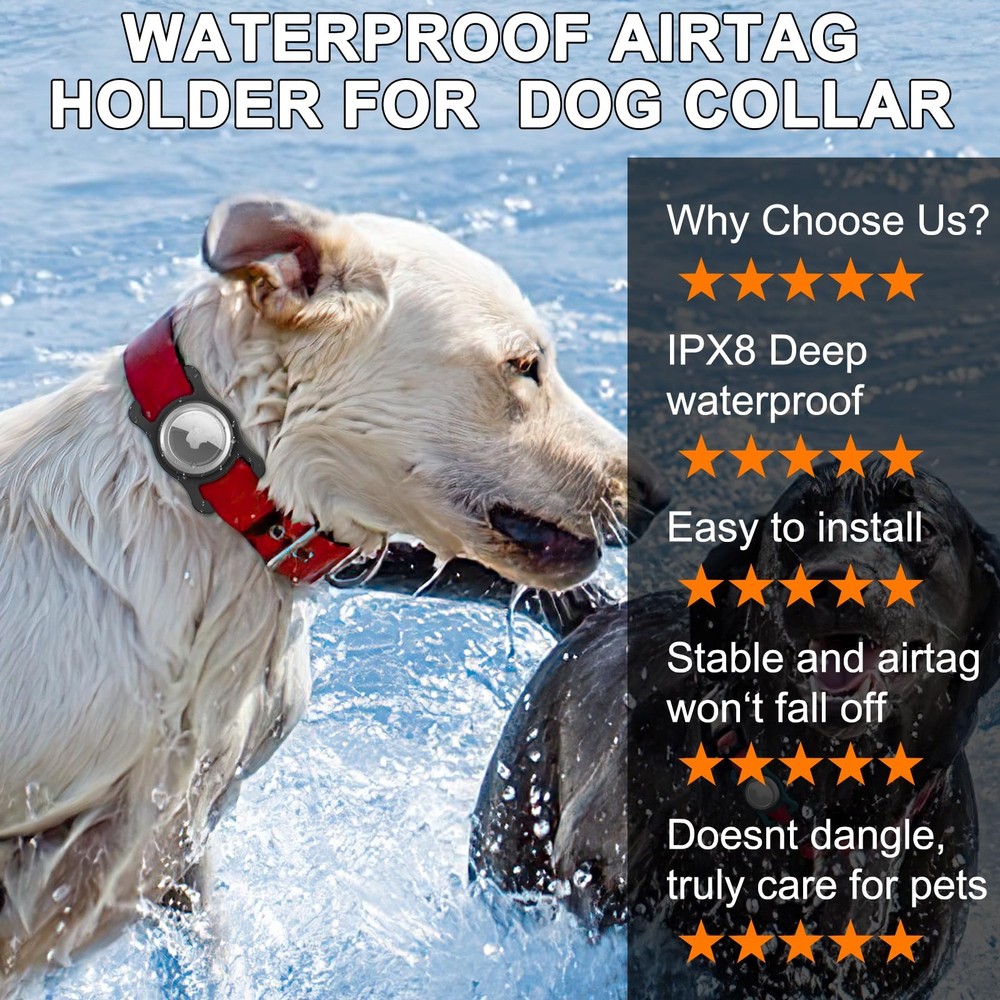 [2 Pack] Waterproof AirTag Dog Collar Holder, Black-2Pack