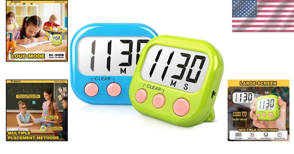 Durable Magnetic Classroom Timer Set - Easy to Read 2 Pack with Last Time Memory