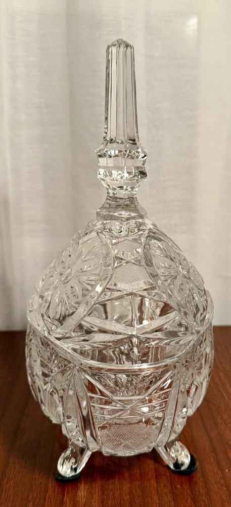 Large Heavy Etched Crystal Covered Oval Bowl/Dish