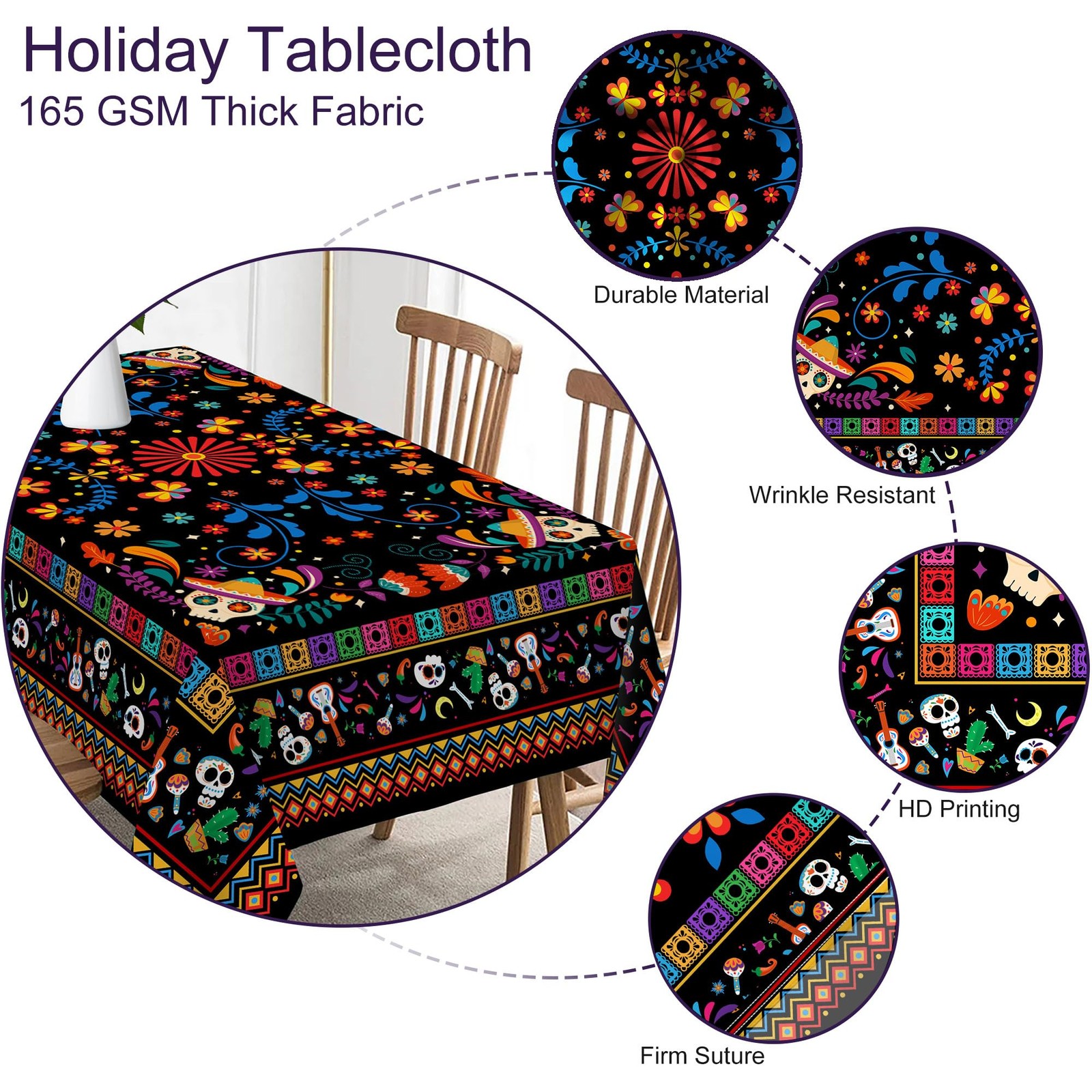 Mexican Tablecloth Round 70 Inch, Cinco De Mayo Flower Skull Table Cloth Fies...