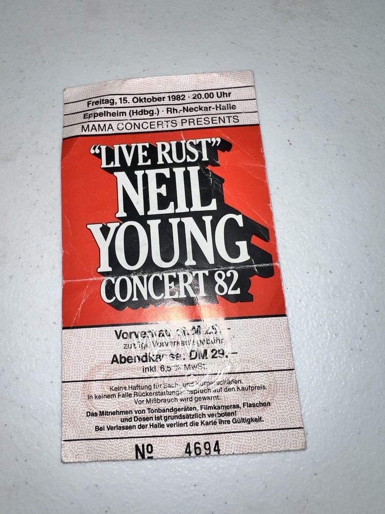 1982 Neil Young Live Rust Germany Concert Ticket Stub Never Sleeps October