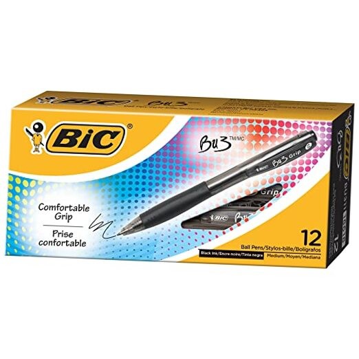 BU3 Grip Retractable Ballpoint Pen, Medium Point (1.0mm), Black, Retractable