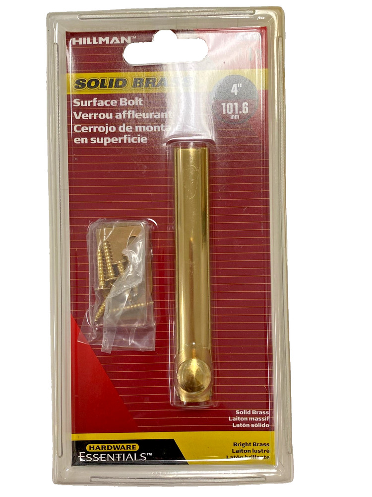 Hillman Solid Brass Surface Bolt 852250 Bright Brass 4" Hardware Essentials Lock
