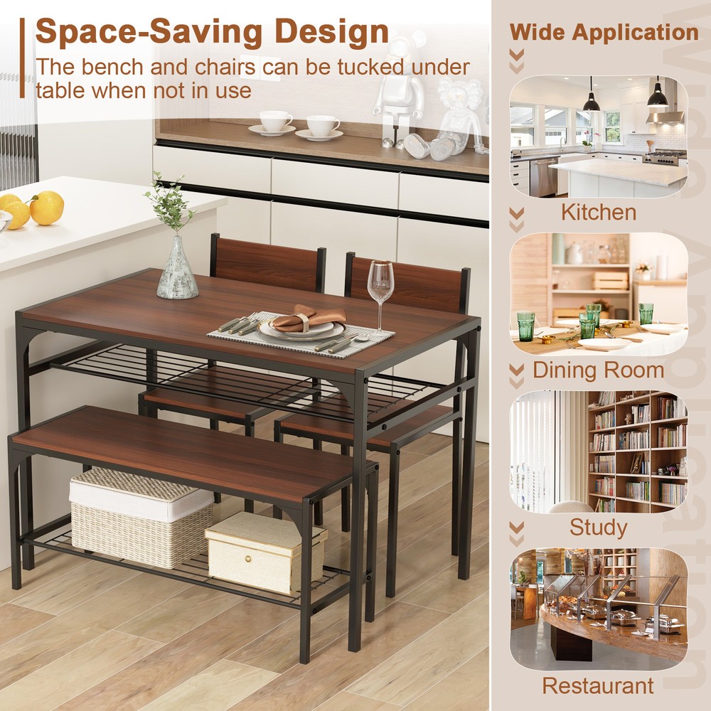 Dining Table Set for 4 Rectangular Table w/ 2 Chairs, 1 Bench, Storage Racks