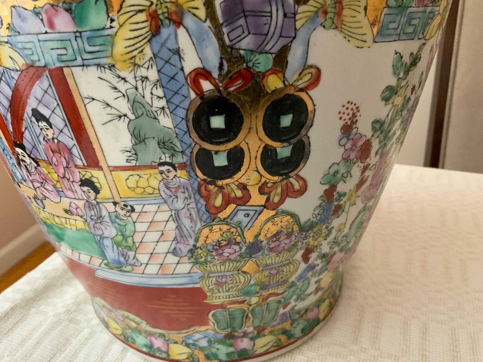 Large 24" Vintage Chinese Polychrome floor vase scenes flowers people