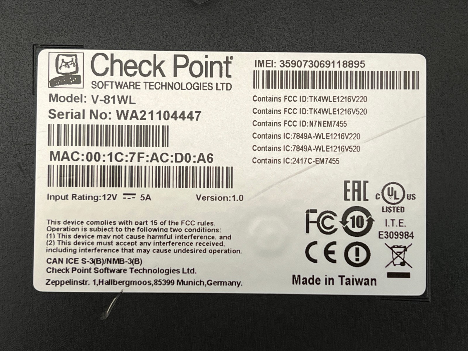 Check Point V-81WL Network Security Device (POWER-TESTED/LICENSE STATUS UNKNOWN)