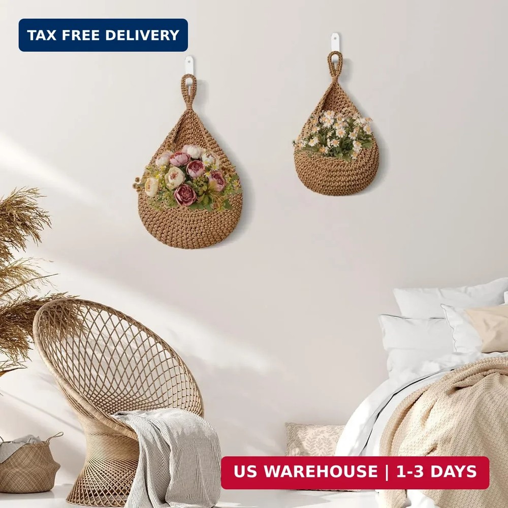 4 Pack Hanging Fruit Baskets for Kitchen-Boho Wall Hanging Basket with 8 Pcs Str
