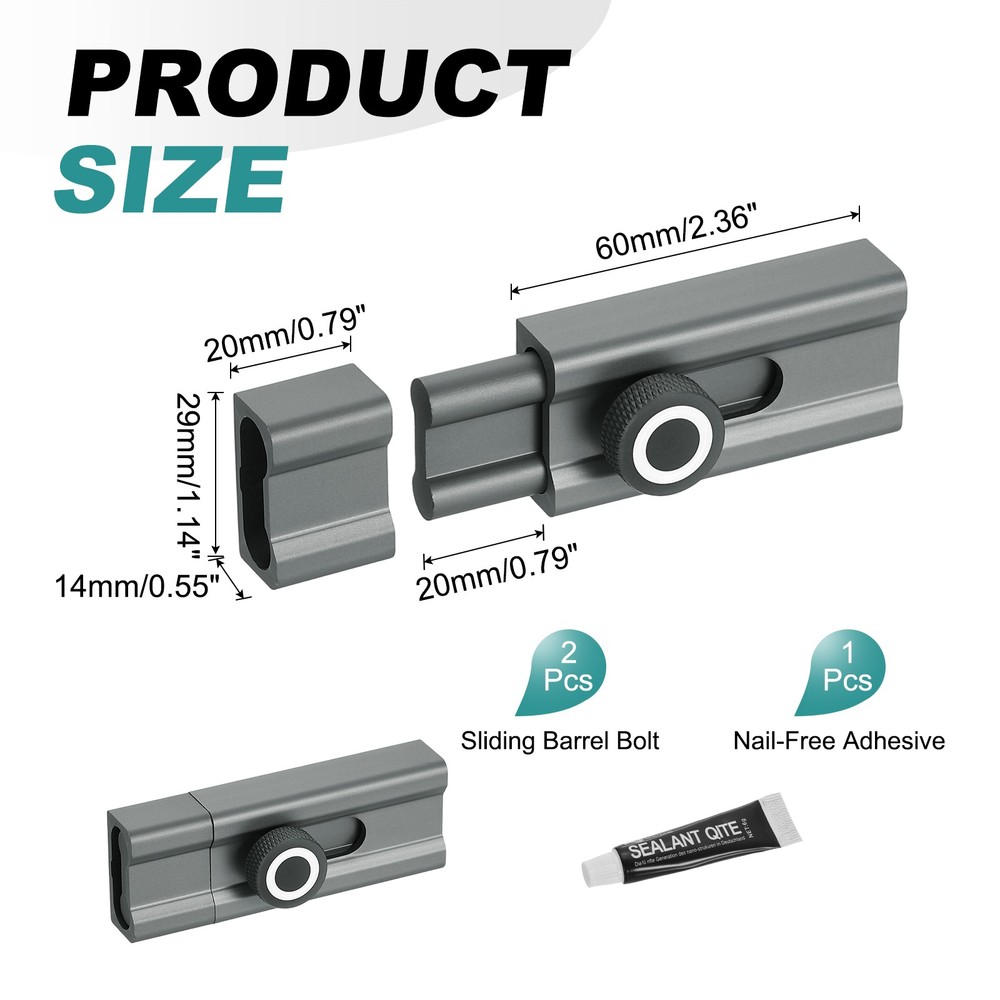 2Pcs Slide Lock, 3" Adhesive Security Barrel Slide Bolt Latch, Gray