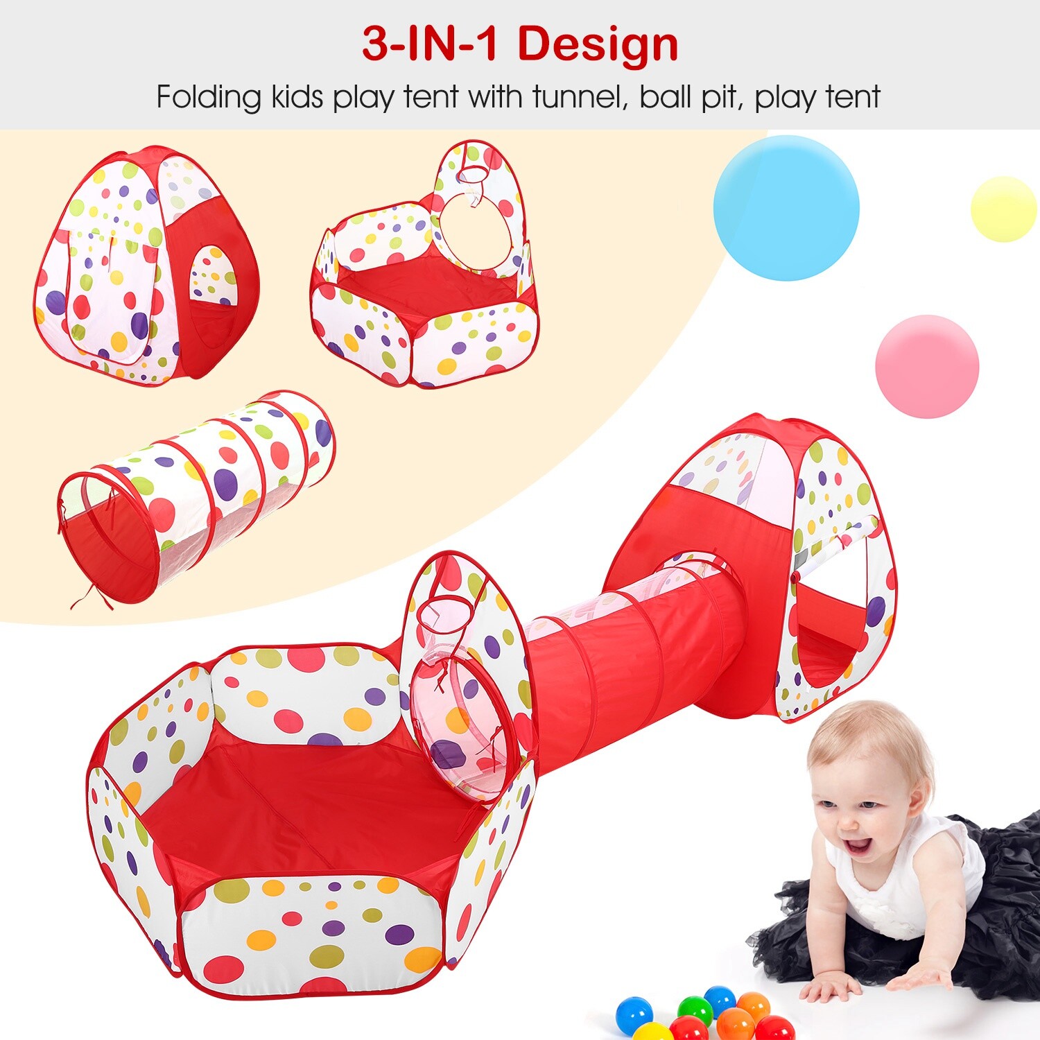 3-in-1 Kids Play Tents Crawl Tunnels & Ball Pit Playhouse Tent Indoor/Outdoor