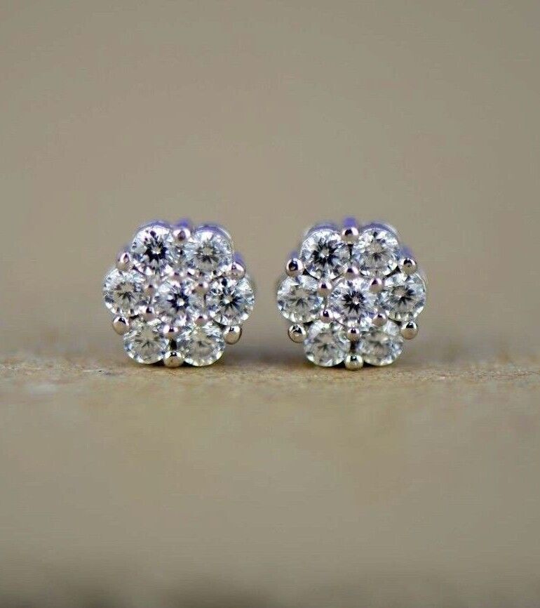 14K Yellow or White Gold Cluster CZ Stud Earrings