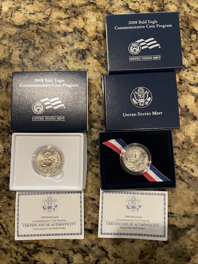 4 Coins - 2008 Bald Eagle - 2 Silver Dollars & 2 Clad Halves Unc. & Proof