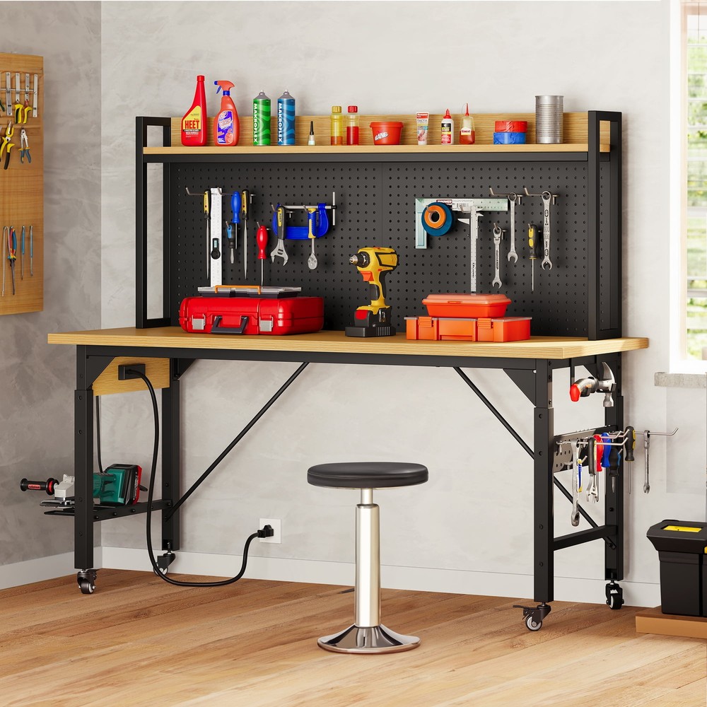 GARAGE Rolling WORKBENCH Multifunctional 52"H Tool Pegboard Power Outlets Steel