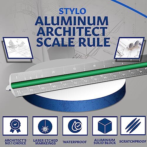 12" Aluminum Architect Scale Ruler Laser Etched Triangle Drafting Ruler