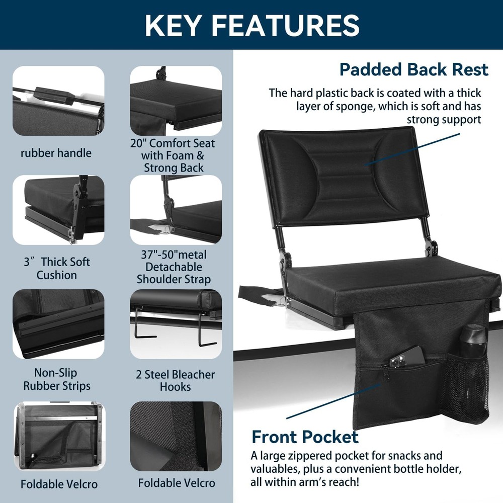 Extra Wide Stadium Seat with Back Support | Adjustable High Back & Thick Padd...
