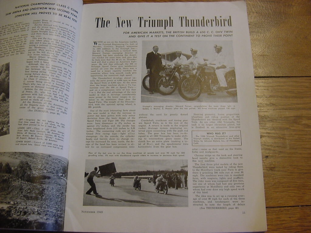 VINTAGE American Motorcycling magazine November 1949 New Triumph Thunderbird