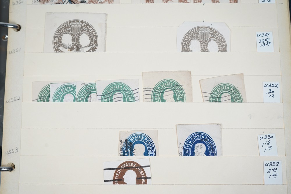 US COLLECTION OF 1,200+ STATIONERY CUT SQUARE STAMPS STORED IN STOCKBOOK