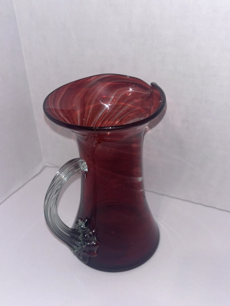 Hand blown Glass Ruby Red Pitcher Applied Ribbed Clear Glass Handle