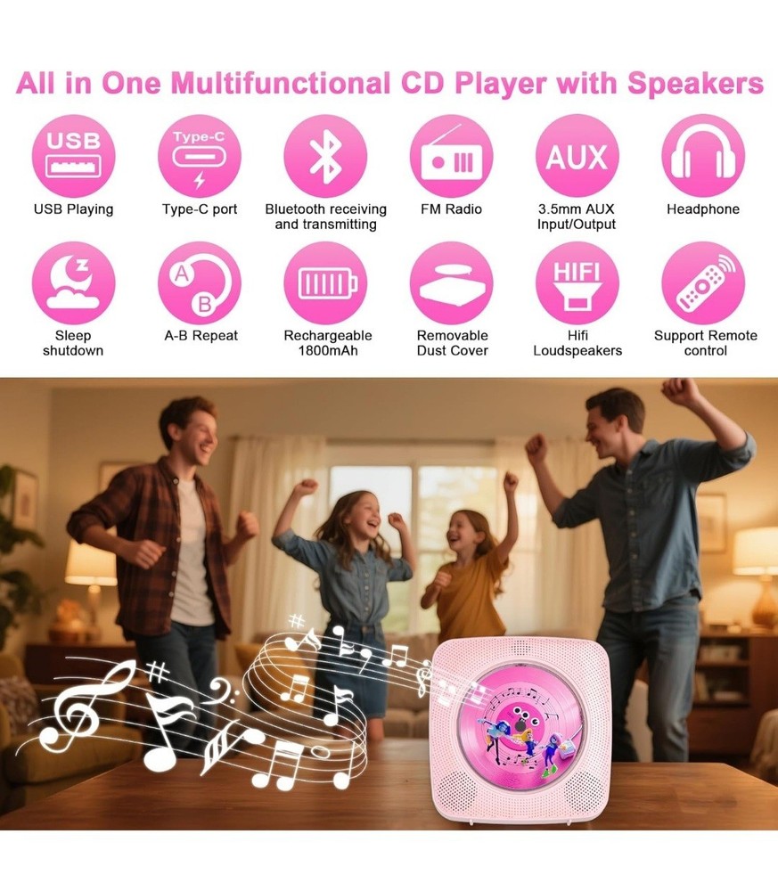 Portable Multifunctional CD / Bluetooth Speaker (Pink) Brand New