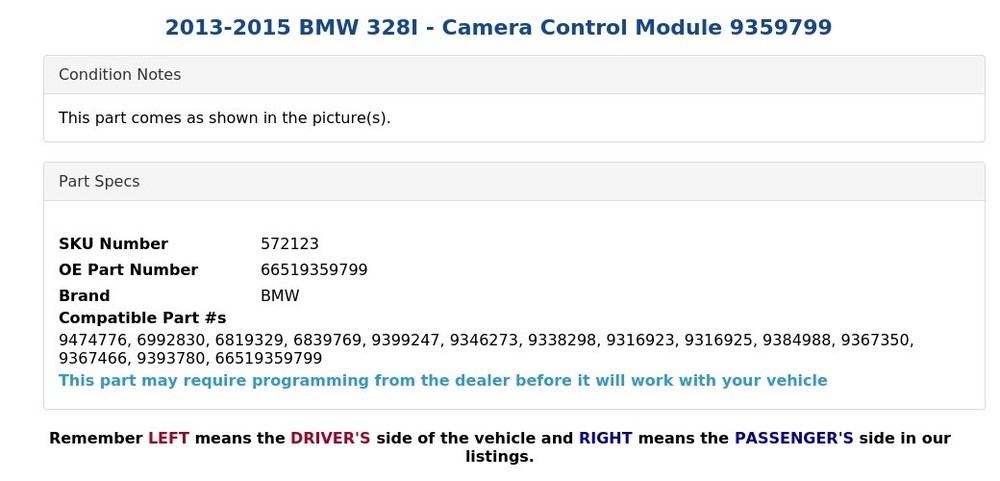 2013-2015 BMW 328I - Camera Control Module 9359799