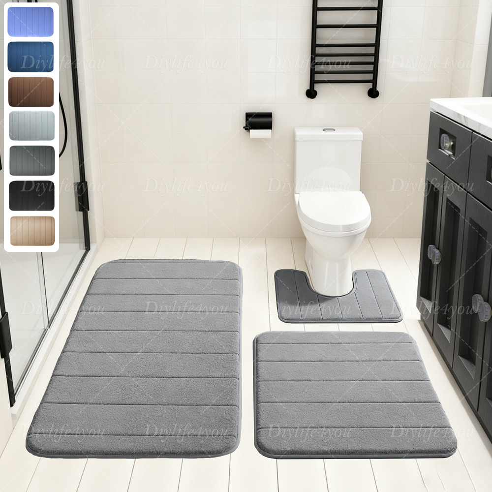 3PCS MEMORY FOAM BATH MAT PEDESTAL SET NON SLIP TOILET BATHROOM CONTOUR RUGS