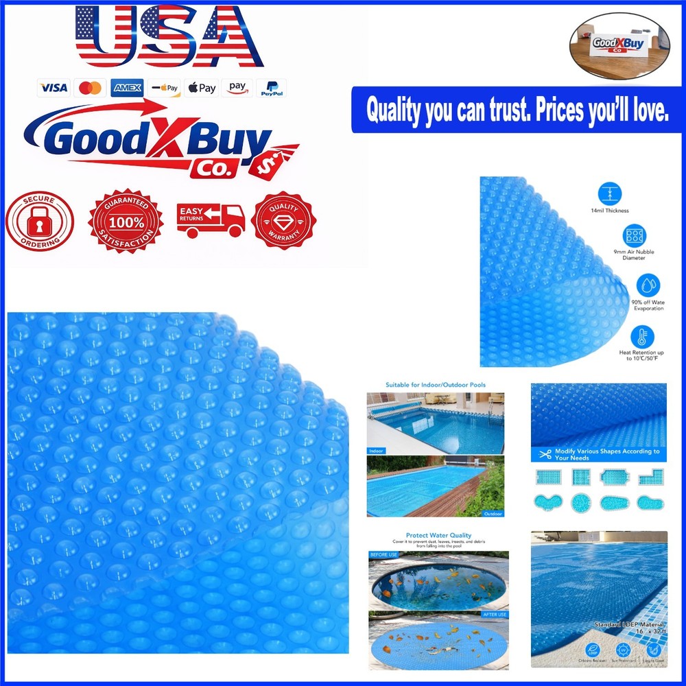 Pool Solar Cover 16x32ft Rectangular 300um Blue Waterproof Insulation Blanket...